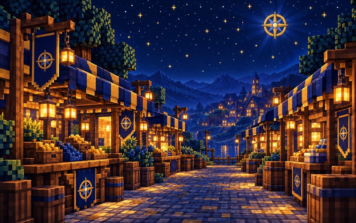 A busy market square with player stalls